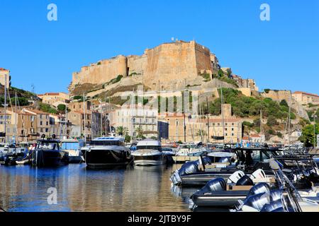 Panoramablick über die mittelalterliche Zitadelle vom Yachthafen von Bonifacio (Corse-du-Sud) auf der Insel Korsika, Frankreich Stockfoto