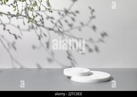 3D Szene mit weißen Podien auf grauem Hintergrund und Schatten Stockfoto