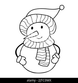 Niedlicher Schneemann mit Strickmütze und Schal. Vektor lineares, handgezeichnetes Doodle. Niedlichen Winter Cartoon Märchen Schnee Charakter für Dekor und Neujahrskarten, Stock Vektor