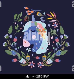 Niedliches Kopfportrait Einhorn mit bunten Blumen und Blättern. Magisches Einhorn im flachen Stil. Fairy Kompositionen können als Erstellung von Karte, Banner, Geburtstag und andere Feiertage verwendet werden. Vektorgrafik. Stock Vektor