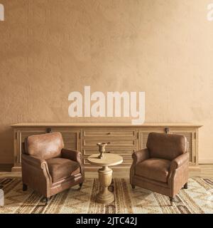 Home Interieur mit ethnischen Boho Dekoration. Wohnzimmer in brauner Farbe. Beigefarbenes Wandmodell. 3D Darstellung rendern. Stockfoto