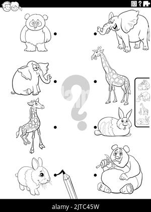 Schwarz-Weiß-Cartoon-Illustration der pädagogischen Matching-Aufgabe mit Tierarten Zeichen und ihre Babys Färbung Seite Stock Vektor