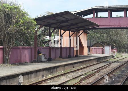 Ein Bahnhof in Colombo. Das Eisenbahnnetz wurde 1864 von den Briten eingeführt, und 1. Züge liefen am 27.. Dezember 1864 mit dem Bau der Hauptlinie von Colombo nach Ambepussa, 54 Kilometer östlich. Das Schienennetz von Sri Lanka ist 1.508 km (937 Meilen) lang und hat eine Breite von 5 Fuß 6 Zoll (1.676 mm). Einige der Routen sind landschaftlich reizvoll, wobei die Hauptlinie Wasserfälle, Berge, Teestandschaften, Pinienwälder, Brücken und Gipfelstationen passiert (oder überquert). Sri Lanka. Stockfoto