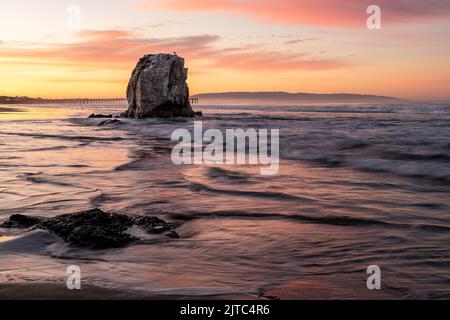 Eine malerische Aussicht auf den goldenen Sonnenuntergang über den Felsen im Meerwasser in Pismo Beach Stockfoto