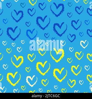 Zeichnung nahtlose Muster mit abstrakten Kreideherzen Symbole Ukraine. Vektor-Tapete auf blauem Hintergrund. Ukrainische Nationalfarben. Stock Vektor