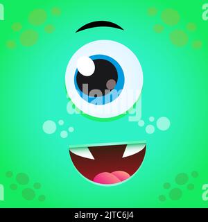 Cartoon green monster face. Vector Halloween monster with one eye. Stock Vektor