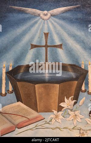 Baptistère. Esprit-Saint. Eglise Saint-André. Domancy. Haute-Savoie. Auvergne-Rhône-Alpes. Frankreich. Europa. Stockfoto