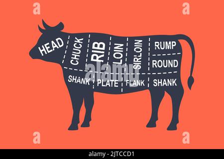 Schnitte im Kuhdiagramm. Poster mit Metzgerschemata. Schnitte von Stierfleisch. Abbildung des Fleischdiagramms. Silhouette von Nutztieren. Stock Vektor