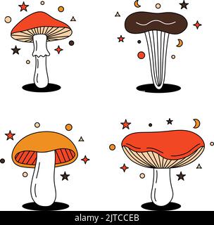 Set von magischen Pilzen. Verschiedene farbige Pilzsymbole. Skizze psychedelischer Pilze. Pilze im Hippie 70s Retro-Stil. Vektorgrafik Stock Vektor