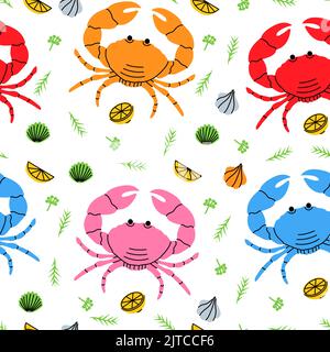 Krabbe mit nahtlosem Kräutermuster. Farbige Krabbe mit großen Krallen Hintergrund. Meeresfrüchte mit Zitronenscheiben und Rosmarin. Handgezeichnetes Muster mit frischen Meeresfrüchten Stock Vektor
