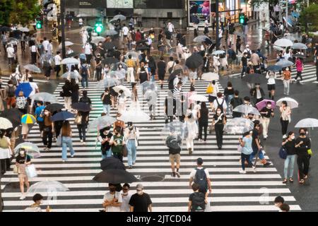 Fußgänger mit Regenschirmen überqueren die multidirektionale Kreuzung, die als Shibuya Crossing in Shibuya ward, Tokio, Japan, bekannt ist. Die Kreuzung gilt als die verkehrsreichste Fußgängerkreuzung der Welt. Stockfoto