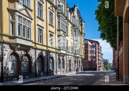 Historisches Jugendstilgebäude Nyborgska Huset in der Wohnstraße Sandgatan in Norrköping, Schweden. Stockfoto
