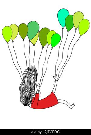 Ein Mädchen, das vom Himmel fällt, wird von grünen Ballons gehalten Stock Vektor