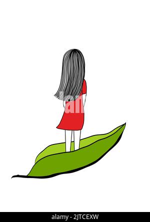 Ein Mädchen in einem roten Kleid, das auf einem grünen Blatt fliegt Stock Vektor