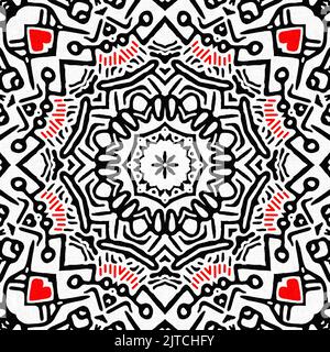 Rot-schwarzes, nahtlos Arabeske Mosaik-Bandana-Muster. Moderner maskuliner Halstuch mit geometrischem Schals-Druck, abstrakter Grafikmode und Tapetenkunst Stockfoto