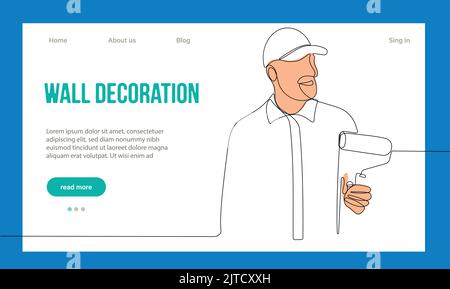 Hausreparaturkonzept. Zielseite Der Website. Arbeiter In Der Werkstatt Machen Arbeiten Aus House. Cartoon-Figuren Malen Sie Wände Und Setzen Fliesen. Vektorgrafik Für Lineare Umrisse. Stock Vektor