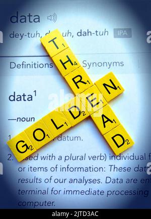Der goldene Faden der Qualität von Daten, der in Scrabble Letters geschrieben wird Stockfoto