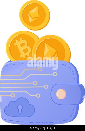 Krypto-Geldbörse mit Münzen-Vektor-Illustration. Blockchain-Wallet-Technologie für Bitcoin und ethereum-Kryptowährung. Die digitale Geldbörse ist sicher in der Cloud geschützt, sicher Stock Vektor