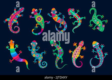 Mexikanische Eidechse und Gecko, lustige Reptilien mit ethnischem Ornament, Vektor mexikanische Volkskunst. Tropische Eidechsen oder Geckos mit lateinischem Muster Ornament, lustige Comic-Figuren für Kinder Quiz-Spiel Stock Vektor