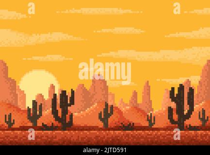Pixel Wüste Landschaft, 8 Bit Pixel Spiel Ebene Hintergrund mit Berg und Kaktus, Vektor-Szene. 8bit Pixel Kunstspiel oder Video Arcade Cartoon Ebene von Arizona oder Texas Wüste mit Canyon Felsen Stock Vektor