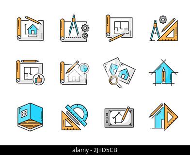 Ikonen der Architektenentwicklung und Innenarchitektur. Hausplan, Gebäudetechnik dünne Linien Symbole. Raumschema und Architekturentwicklung skizzieren Vektorsymbole mit Blaupause, Bleistift und Lineal Stock Vektor