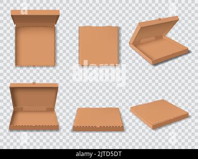 Realistische Pizza-Box-Paket Mockup, isolierte offene Pappe Pizza-Boxen. Vector 3D blank geschlossen und geöffnet leerer Karton oben, Vorder- und Winkelansicht. Einweg-Lebensmittelbehälter, Lieferung Fast Food Stock Vektor