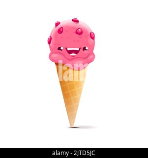 Cartoon Eis Dessert Charakter, Kawaii Erdbeere Waffel Kegel Eiscreme Persönlichkeit mit Streuseln. Isolierte Vektor lächelndes Dessert, geschmolzene rosa Kugel mit Tropfen in Waffelbecher. Lustige Erfrischungsgetränke Stock Vektor