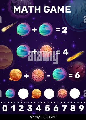 Mathe Spiel, Addition und Subtraktion Kinder Puzzle Arbeitsblatt. Cartoon Raum Kometen, Planeten und Sterne. Vorschulkinder mathematische Rätsel, mathematische Puzzle Vektor-Spiel mit Fantasy-Planeten, Astroiden Stock Vektor