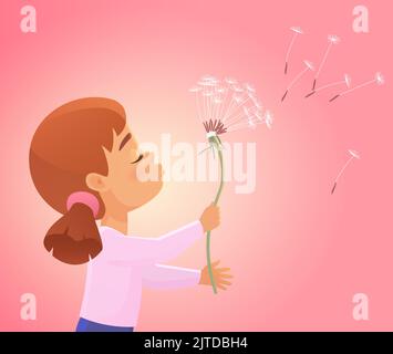 Nettes Mädchen weht auf dem Dandelion, Blumensamen fliegen weg mit Wind Vektor-Illustration. Cartoon kleines Kind genießen Frühling in der Natur, machen Wunsch Hintergrund. Kindheit, Aspirationen, Vorstellungskraft Konzept Stock Vektor