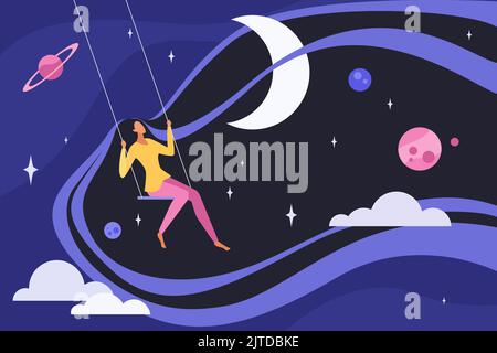 Tiefschlaf, Meditation und Träume von Mädchen Vektor-Illustration. Cartoon junge Frau auf Schaukel sitzen, schwingen und fliegen in dunkelblauen Nachthimmel mit Mond und Sternen Hintergrund. Märchen, Freiheit Konzept Stock Vektor