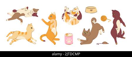 Katze stellt Doodle Set mit Spielzeug und Futter. Katzen mit Zubehör. Niedliche Vektorgrafik Stock Vektor