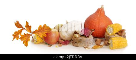 Gruppe von bunten herbstlichen Gemüse und Früchten mit Eichenblättern auf weißem Hintergrund Stockfoto