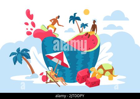 Wassermelone Pool Party und winzig Menschen Vektor-Illustration. Cartoon lustige kleine Charaktere surfen in saftigem Wassermelonensaft, trinken Cocktails unter Sonnenschirm und Palmen, sonnen sich mit Spaß Stock Vektor