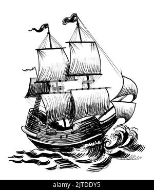 Altes Segelschiff in stürmischer See. Tinte schwarz-weiß Zeichnung Stockfoto