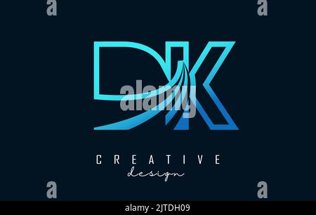 Umreißen Sie das blaue DK D K-Logo mit führenden Linien und Straßenkonzept. Buchstaben mit geometrischem Design. Vektorgrafik mit Buchstabe. Stock Vektor