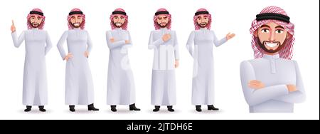 Saudi-arabischer man-Vektor-Zeichensatz. Business-Charaktere isoliert in weißem Hintergrund in stehende Pose und Gesten für arabische Menschen Design. Stock Vektor