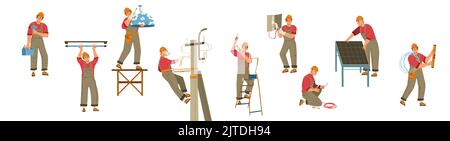 Elektriker mit Werkzeugen, Leiter und Drähten, die Wartungsarbeiten durchführen, isoliert auf weißem Hintergrund. Reparatur-Service-Techniker, Ingenieur für Elektrizität. Cartoon lineare flache Vektor-Illustration Stock Vektor