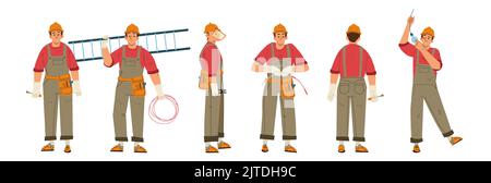 Elektriker, Reparaturdiensttechniker, Techniker mit Werkzeugen, Leiter und Drähten, die Wartungsarbeiten auf weißem Hintergrund ausführen. Elektrizität Job Cartoon lineare flache Vektor Illustration Stock Vektor