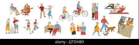 Aktive ältere Charaktere Hobby. Ältere Männer und Frauen, die Fahrrad fahren, Dating, schlafen, tanzen, Sport treiben, Gartenarbeit oder Reisen. Alter Menschen Lebensstil, Rentner Aktivität Cartoon lineare flache Vektor-Set Stock Vektor