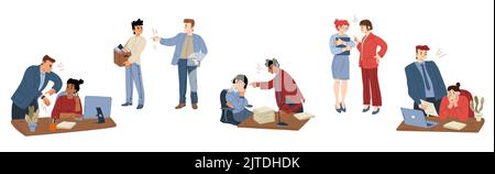 Wütender Chef schimpft und rügt inkompetente Mitarbeiter im Büro. Unzufriedener, wütender ceo, der am Arbeitsplatz Geschäftsleute anruft. Stress bei der Arbeit Cartoon lineare flache Vektor-Illustration, Set Stock Vektor