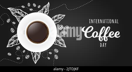 Internationales Kaffee-Tag-Banner mit Blättern und Bohnenkaffee von Hand gezeichnet Stock Vektor