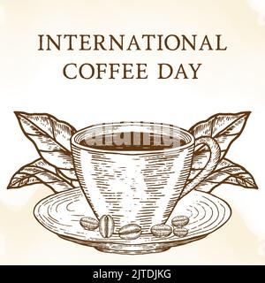 Handgezeichnete Illustration für den internationalen Kaffeetag mit Tassen Kaffee, Blättern und Bohnenkaffee Stock Vektor