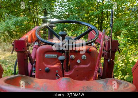 Detailansicht über den Fahrersitz zum Lenkrad eines alten roten Traktors am Waldrand Stockfoto