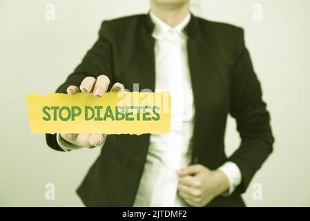 Handschrift Text Diabetes stoppen. Internet-Konzept kümmern sich um Ihre Zuckerspiegel gesunde Ernährung Ernährungsgewohnheiten Geschäftsmann in Anzug mit offener Handfläche Stockfoto