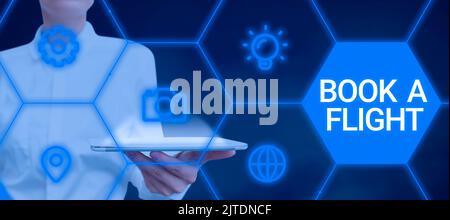 Handschriftentext Flug buchen. Wort geschrieben auf Tickets kaufen, um eine Reise mit dem Flugzeug Planung von Ferien zu machen Stockfoto