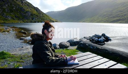 Reifes Weibchen, das am Ufer des Glenbeg Lake, Ardgroom, County Cork, Irland, skizziert - John Gollop Stockfoto