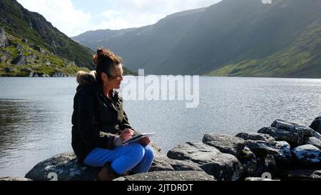 Reifes Weibchen, das am Ufer des Glenbeg Lake, Ardgroom, County Cork, Irland, skizziert - John Gollop Stockfoto