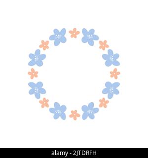 Blumenkranz mit niedlichen winzigen Gänseblümchen isoliert auf weißem Hintergrund. Runder Rahmen mit Blumen. Handgezeichnete Vektorgrafik. Perfekt für Karten, invita Stock Vektor