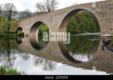 Die Pont de Quezac spiegelt sich im Fluss Tarn, Gorges du Tarn, Causses, Frankreich, EU wider Stockfoto