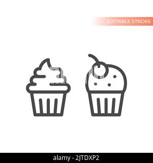 Cupcake-Linienvektor-Symbol. Süßer Muffin mit einem Kirschsymbol. Stock Vektor